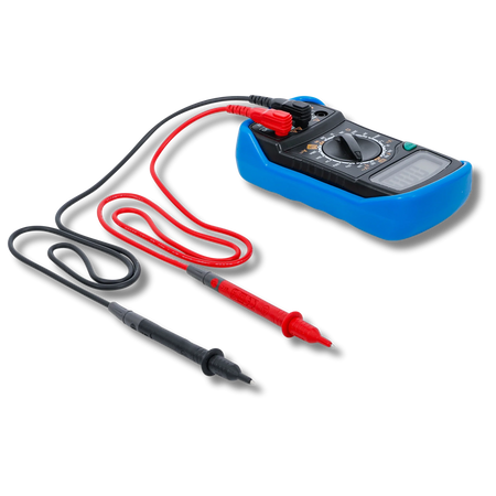Bild eines Digital-Mulimeters inklusive der Kabel, fotografiert von schräg hinten