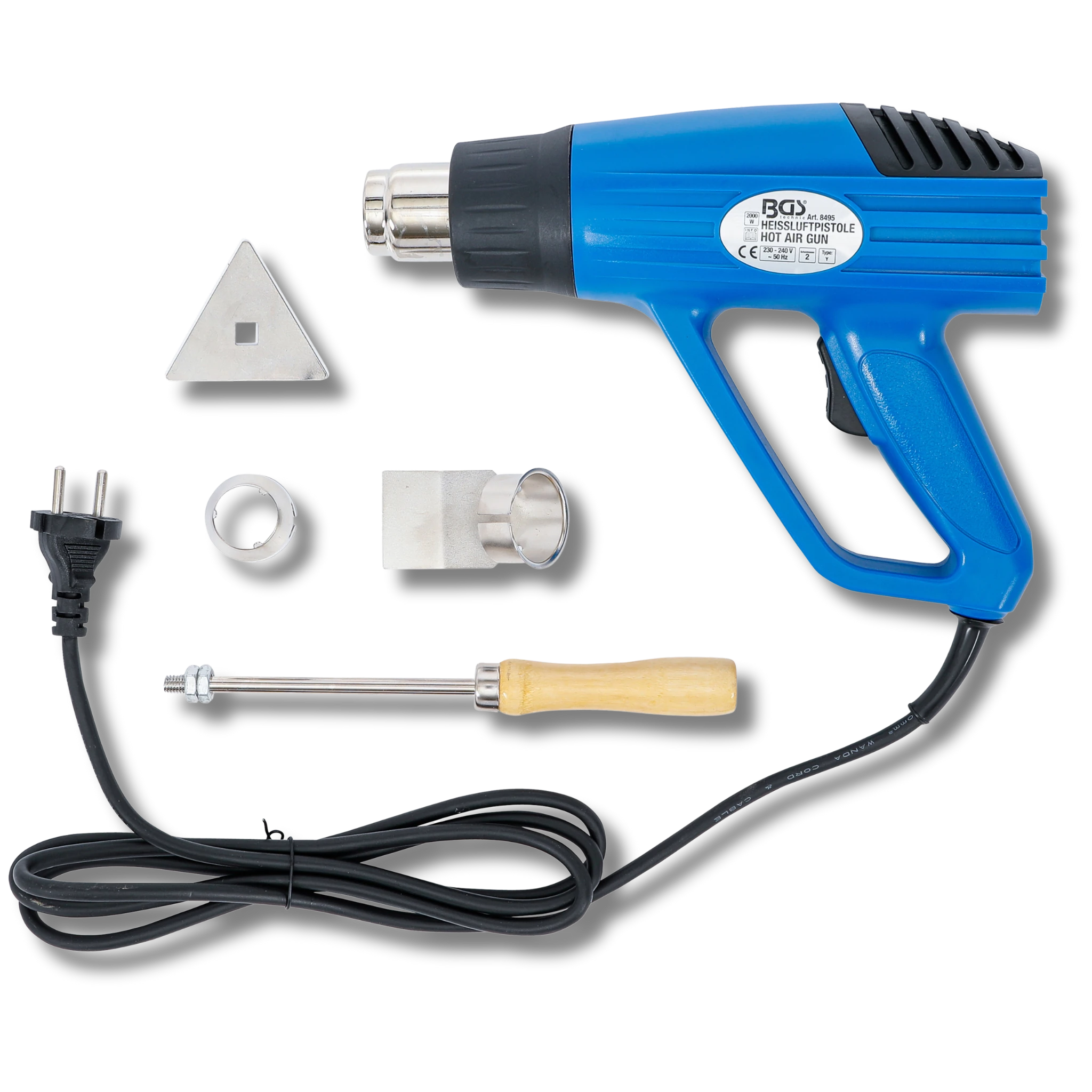 Bild eines Heißluftföns mit zugehörigem Werkzeug, fotografiert von vorne