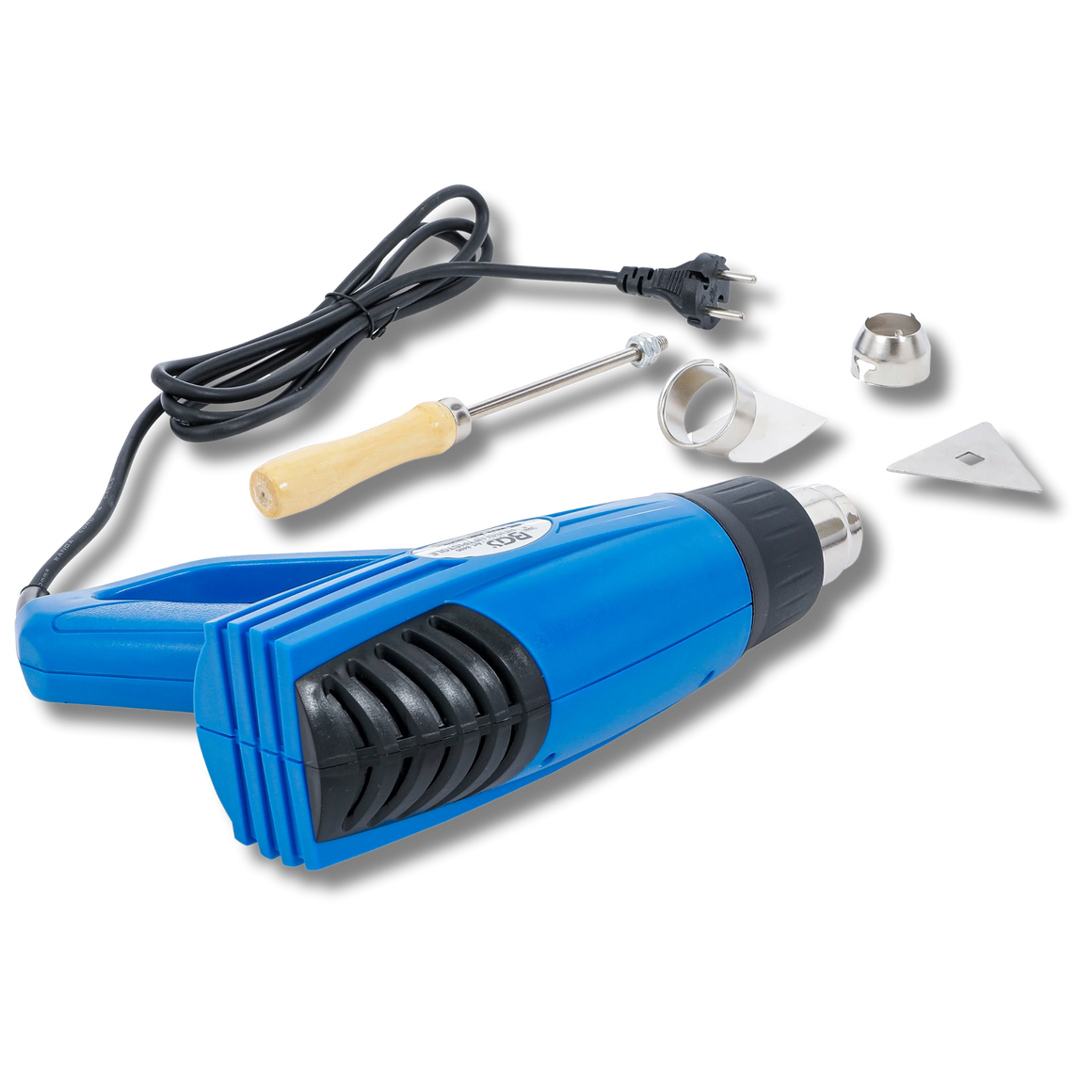 Bild eines Heißluftföns mit zugehörigem Werkzeug, fotografiert von schräg hinten