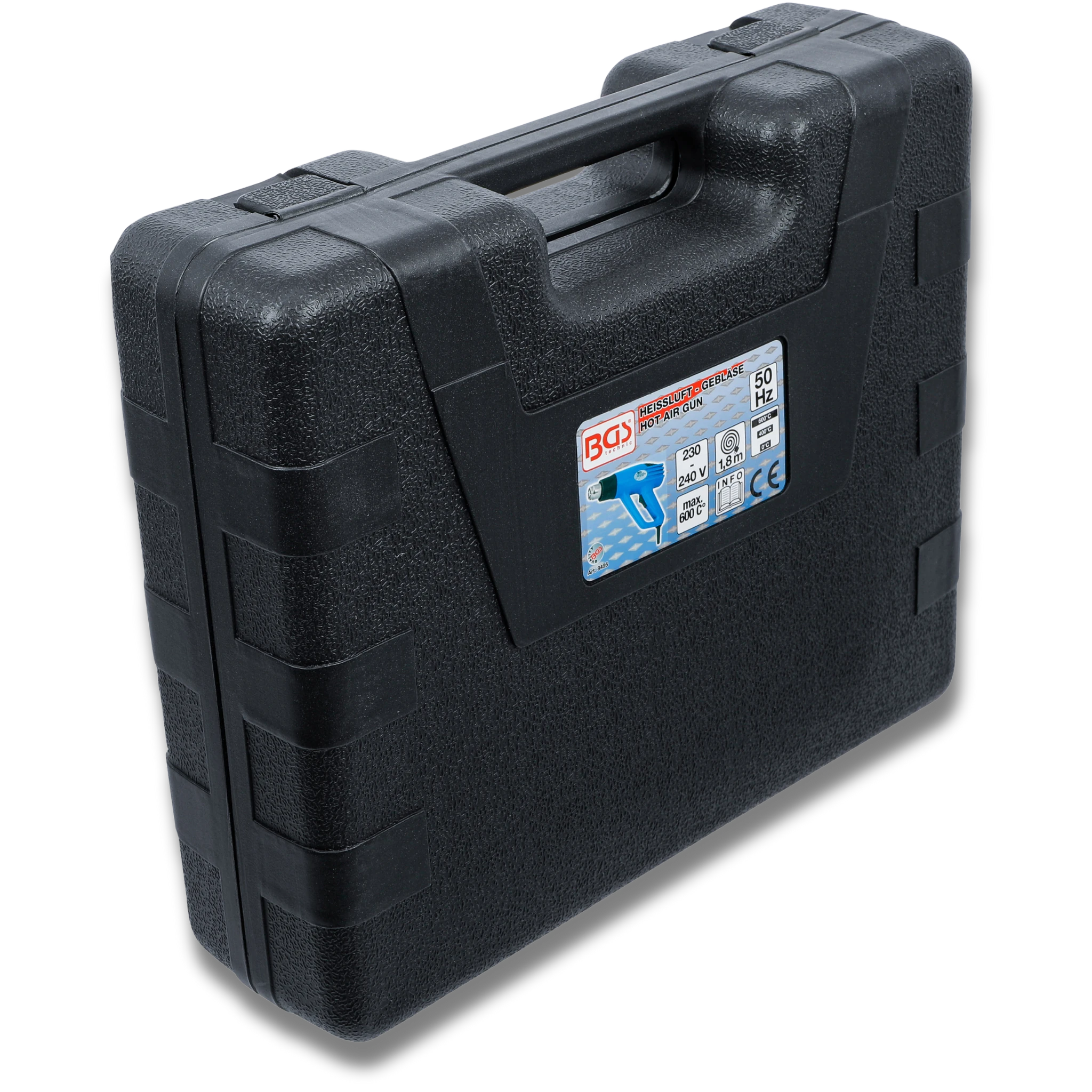 Bild des Koffers, der einen Heißluftfön beinhaltet, geschlossen, fotografiert von schräg vorne