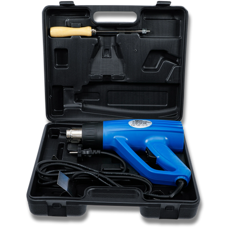 Bild eines Heißluftföns im zugehörigen offenen Koffer, fotografiert von vorne