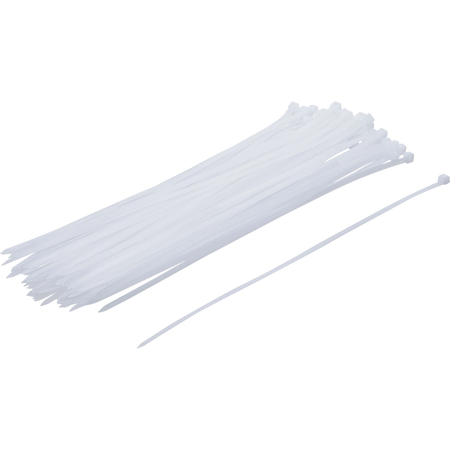 Bild eines 50-teiligen Sets von weißen Kabelbindern der Größe 4,8 x 300 mm, von schräg vorne fotografiert