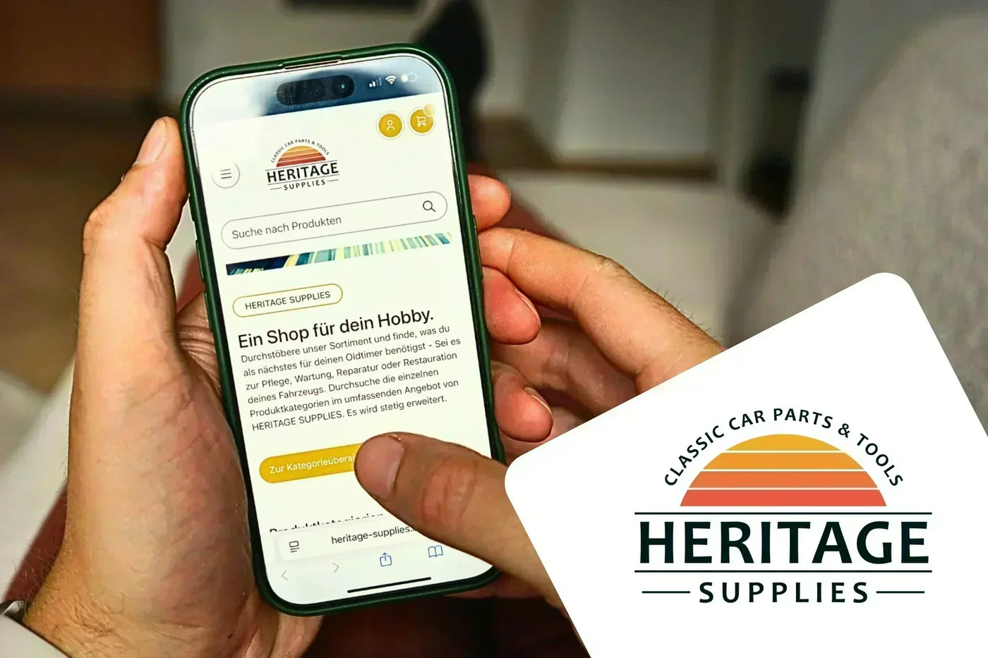 Bild der Website von HERITAGE SUPPLIES auf einem Smartphone