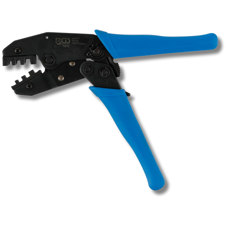 Bild einer geöffneten Crimpzange für unisolierte Kabelschuhe, fotografiert von vorne