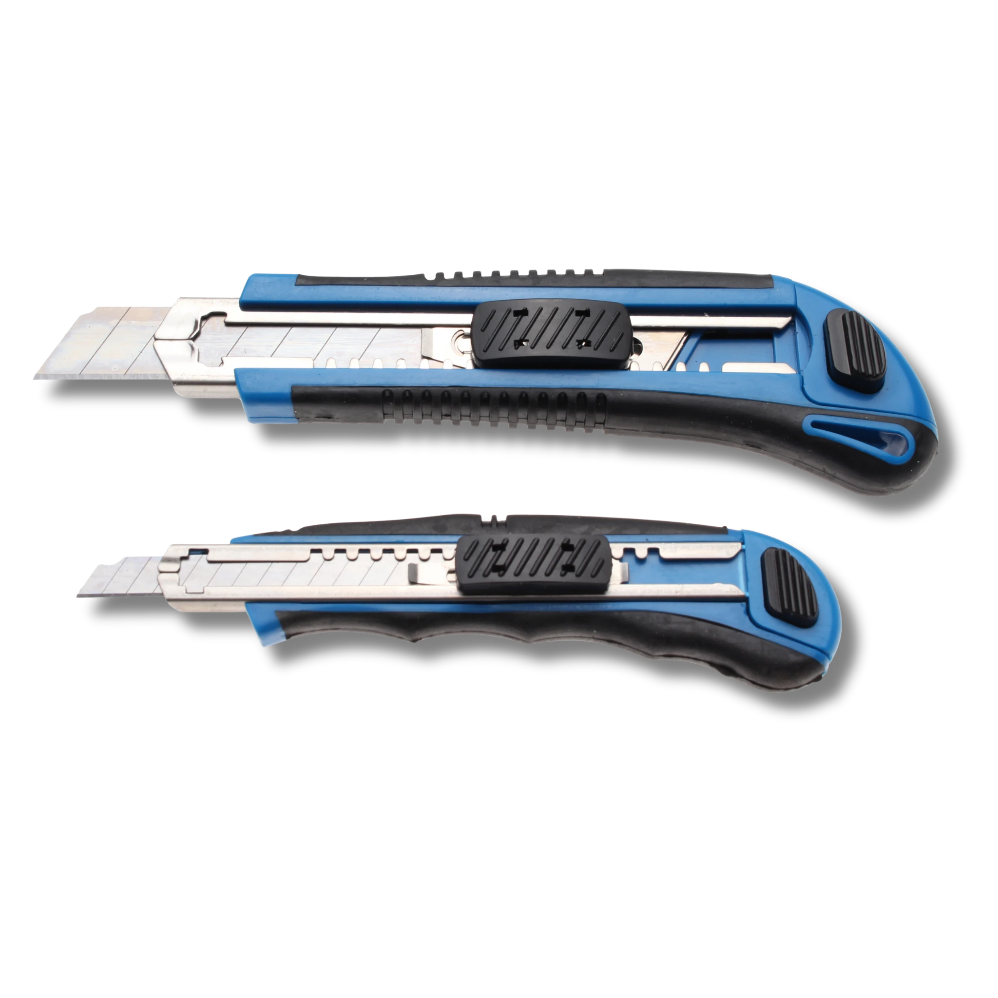 Bild eines zweiteiligen Cuttermesser-Sets mit ausgefahrenen Klingen, von oben fotografiert