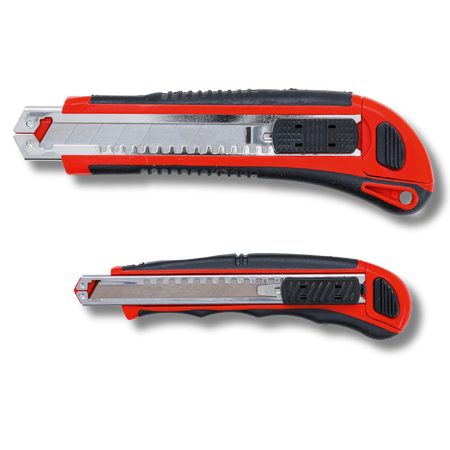 Bild eines zweiteiligen Cuttermesser-Sets mit eingefahrenen Klingen, von oben fotografiert