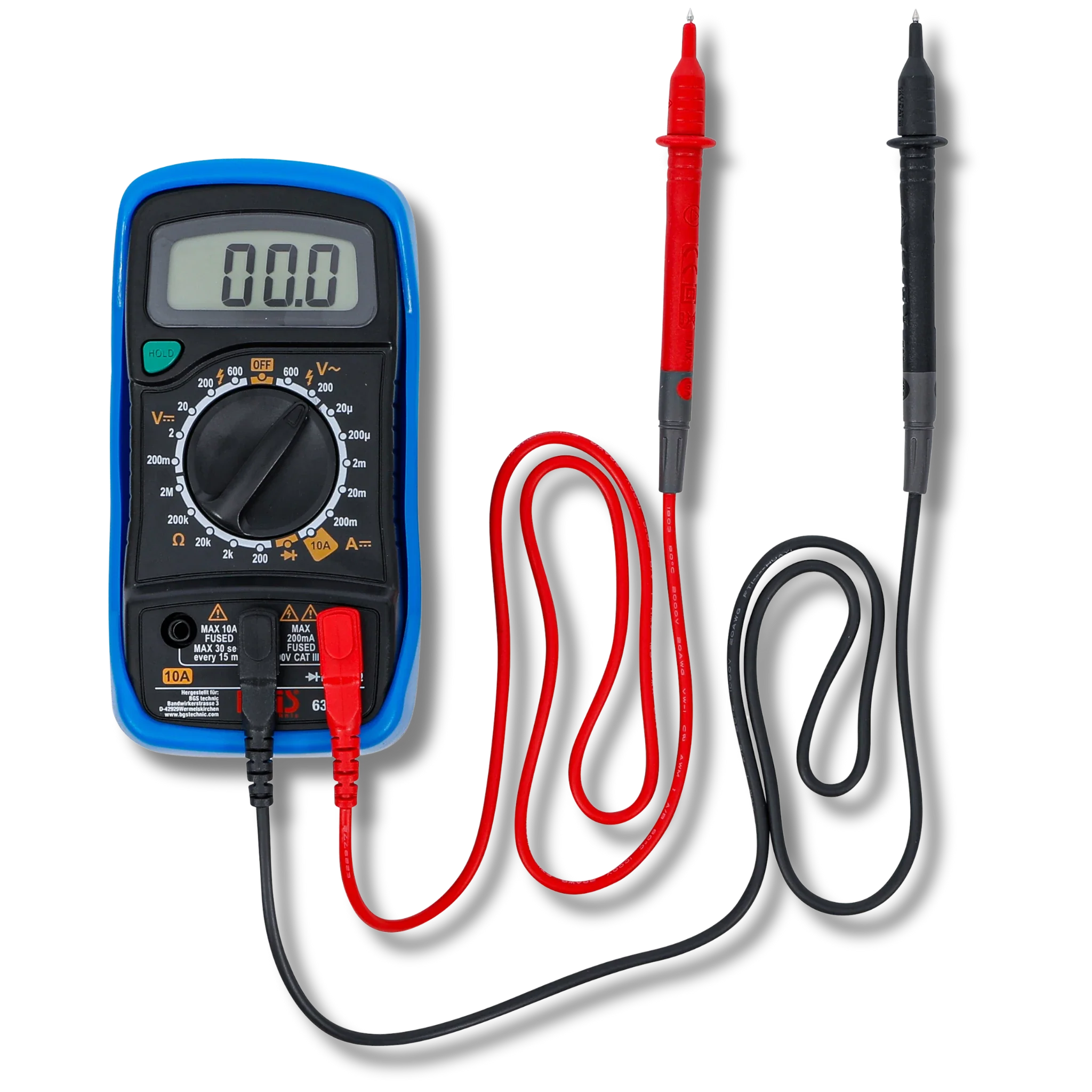 Bild eines Digital-Mulimeters inklusive der Kabel, fotografiert von vorne