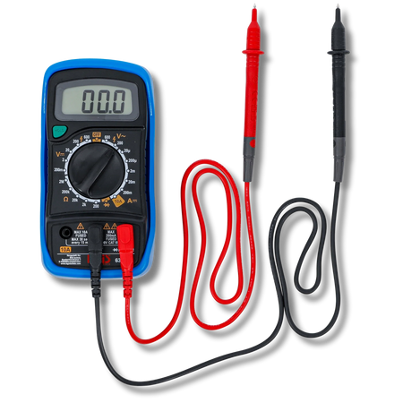 Bild eines Digital-Mulimeters inklusive der Kabel, fotografiert von vorne