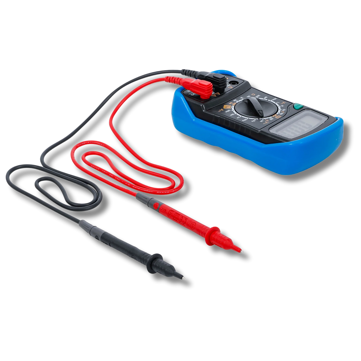 Bild eines Digital-Mulimeters inklusive der Kabel, fotografiert von schräg hinten