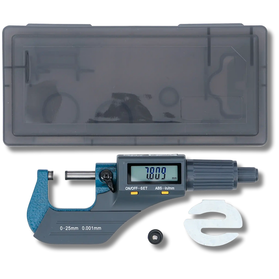 Bild eine digitalen Bügelmessschraube und ihrer Box, von oben fotografiert