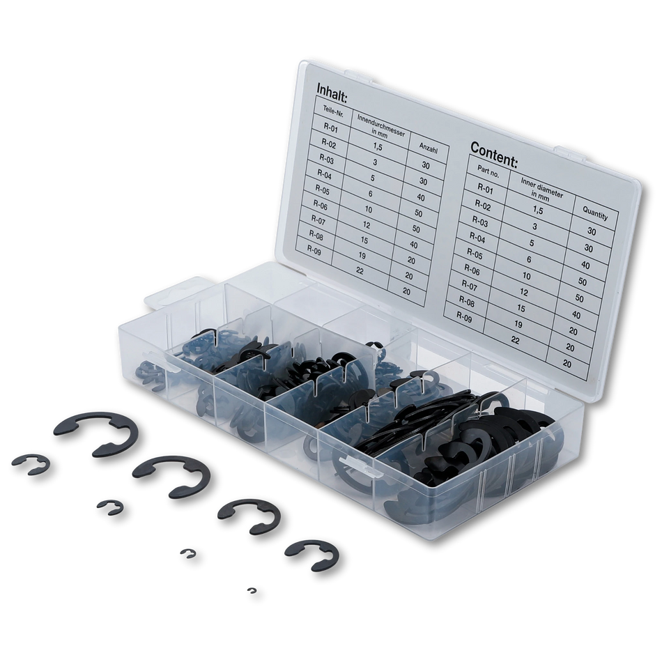 Bild einer Sortiments-Kiste mit E-Sicherungsringen, fotografiert von schräg vorne