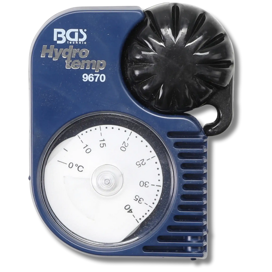 Bild eines blauen Frostschutzprüfers  "Hydrotemp" von vorne fotografiert
