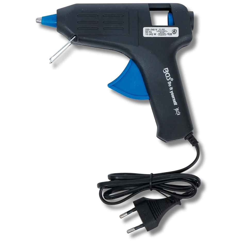 Bild einer Heißklebepistole, von der Seite fotografiert