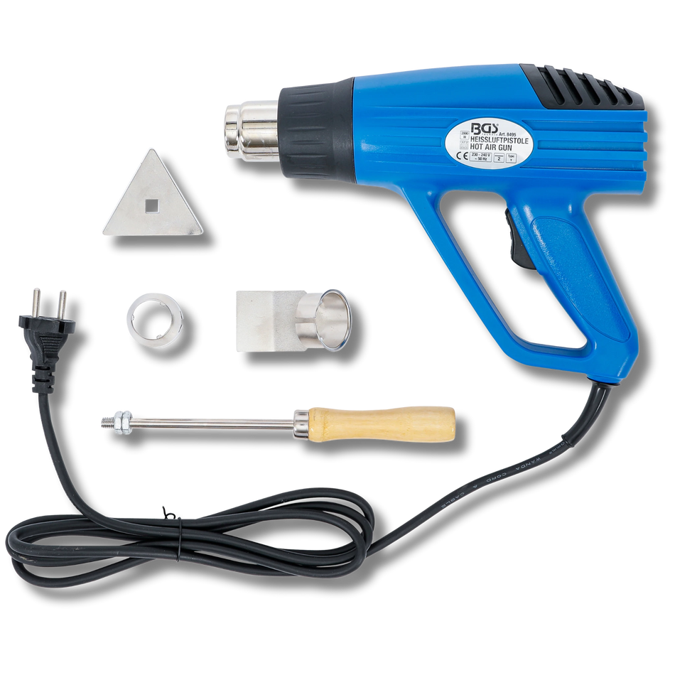 Bild eines Heißluftföns mit zugehörigem Werkzeug, fotografiert von vorne