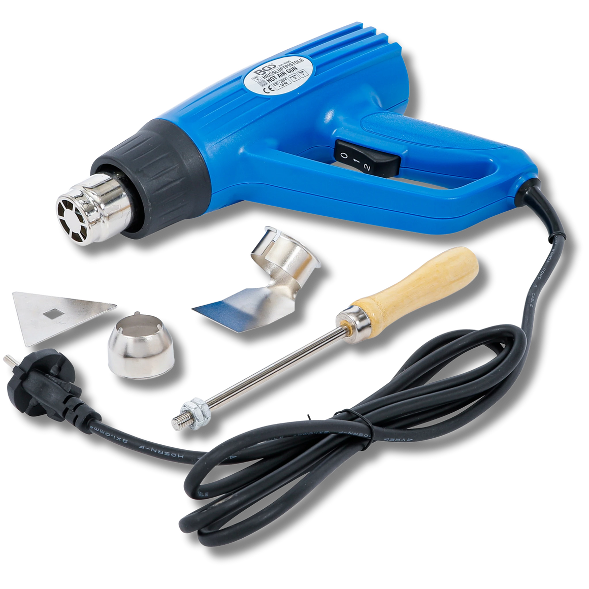 Bild eines Heißluftföns mit zugehörigem Werkzeug, fotografiert von schräg vorne