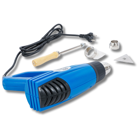 Bild eines Heißluftföns mit zugehörigem Werkzeug, fotografiert von schräg hinten