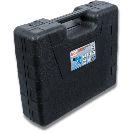 Bild des Koffers, der einen Heißluftfön beinhaltet, geschlossen, fotografiert von schräg vorne