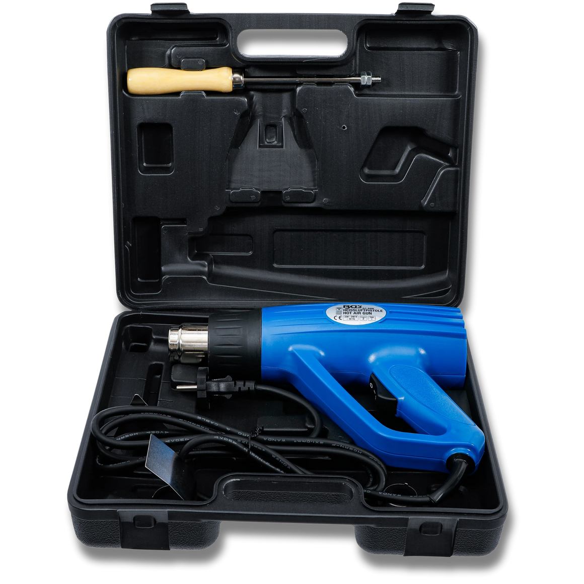 Bild eines Heißluftföns im zugehörigen offenen Koffer, fotografiert von vorne