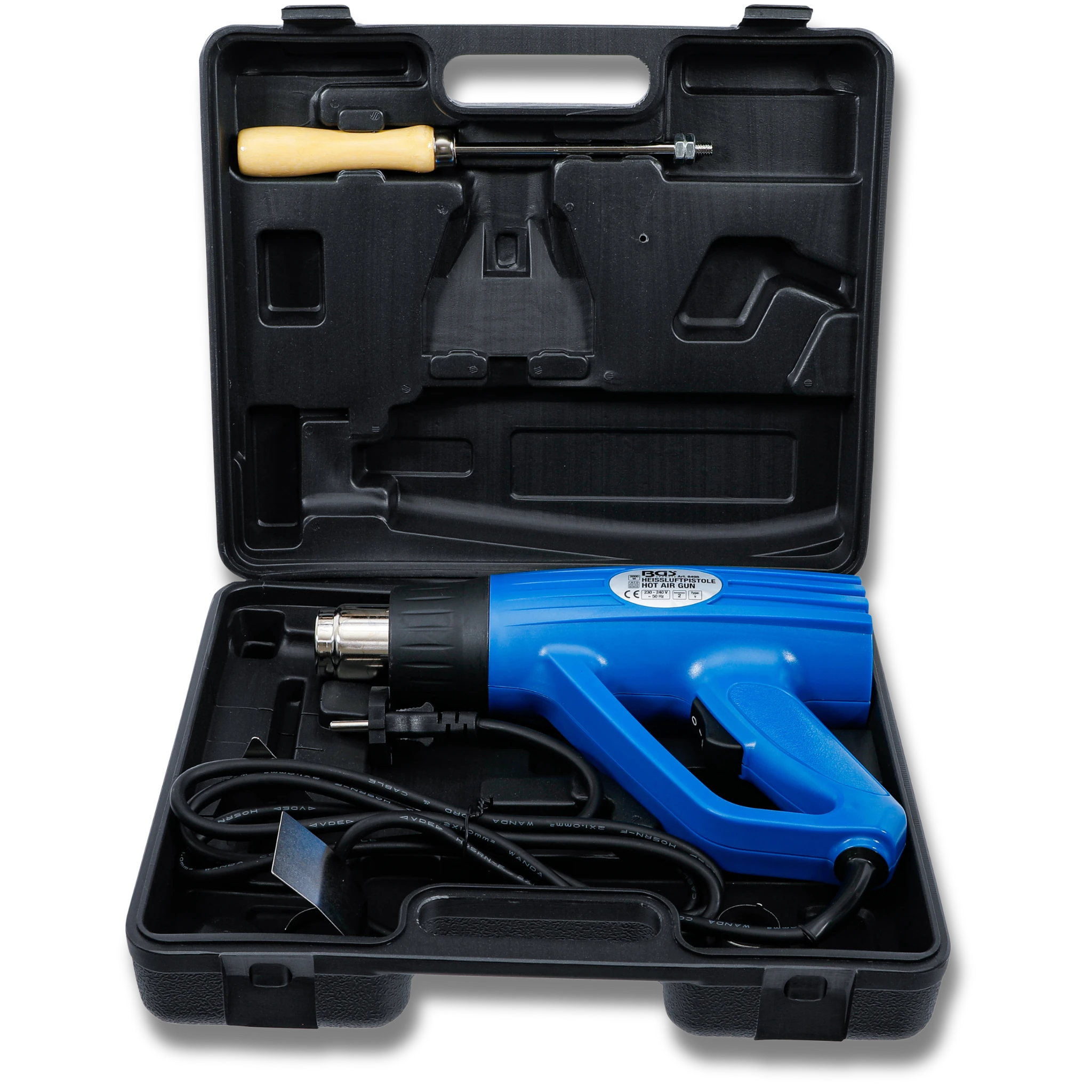 Bild eines Heißluftföns im zugehörigen offenen Koffer, fotografiert von vorne