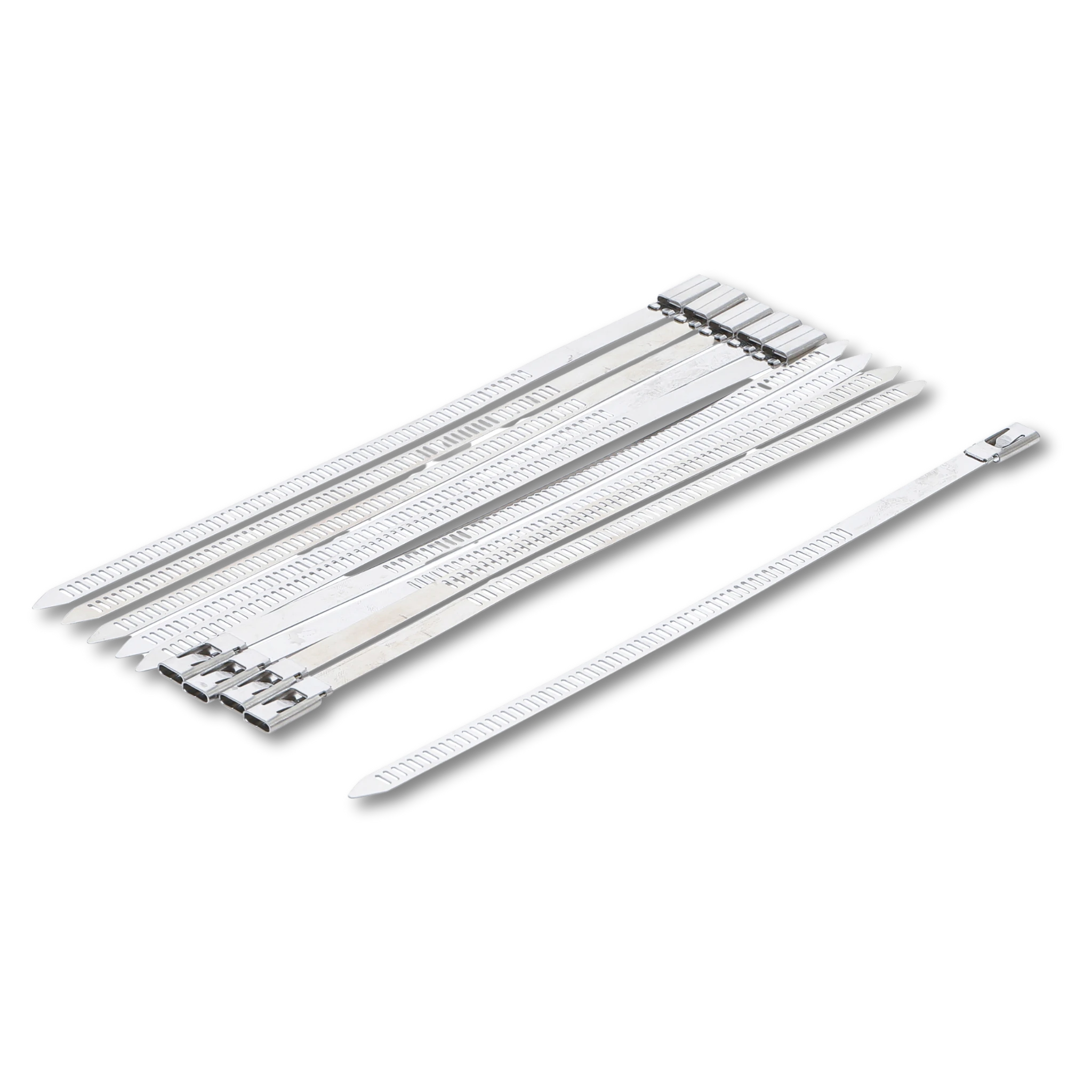 Bild eines 10-teiligen Sets von Edelstahl-Kabelbindern der Größe 7,0 x 200 mm, von schräg vorne fotografiert