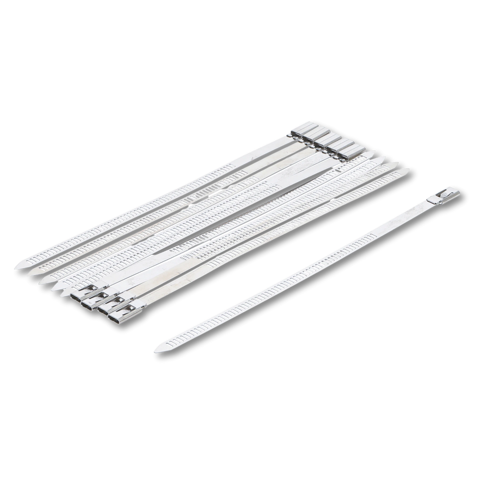 Bild eines 10-teiligen Sets von Edelstahl-Kabelbindern der Größe 7,0 x 200 mm, von schräg vorne fotografiert