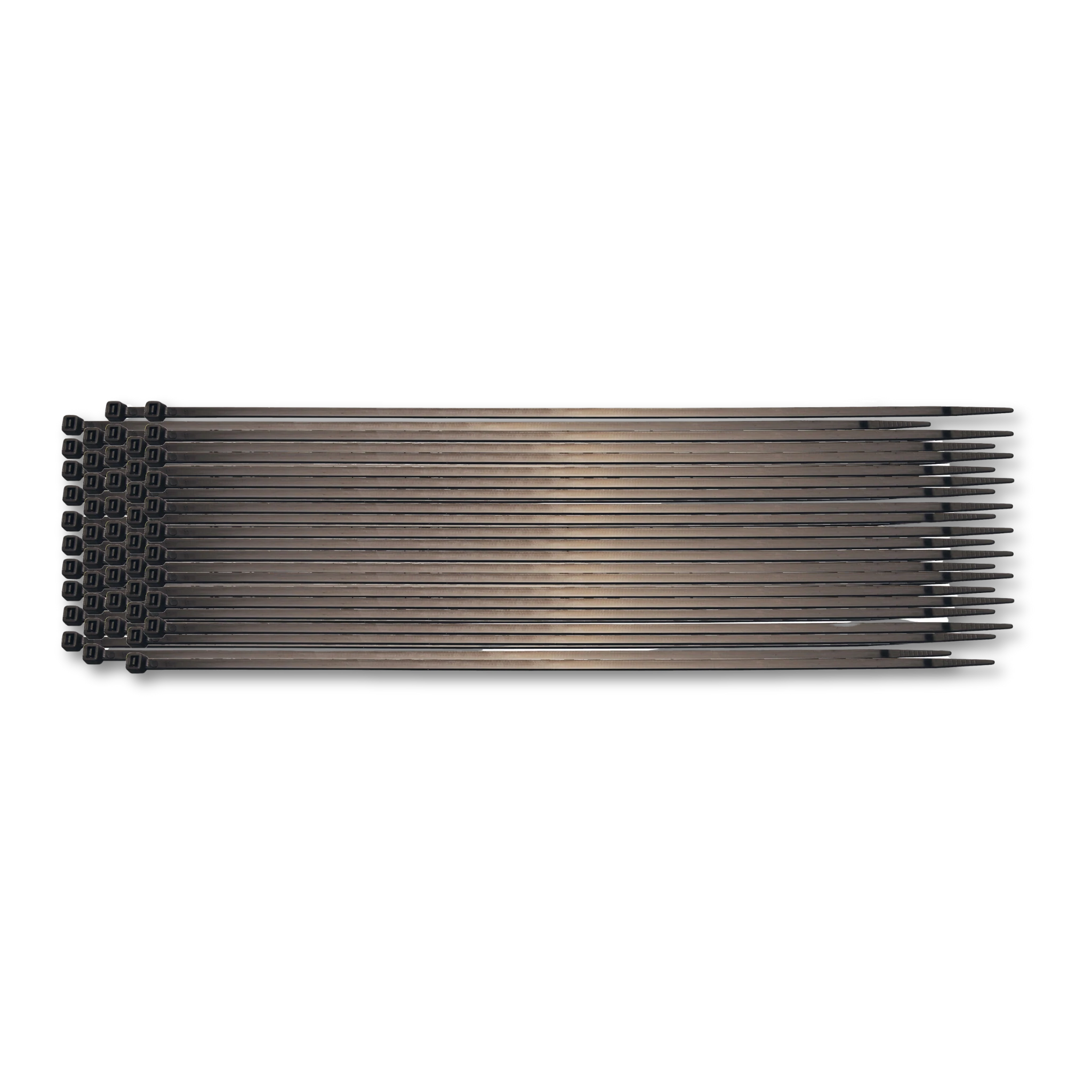 Bild eines 50-teiligen Sets von schwarzen Kabelbindern der Größe 4,5 x 350 mm, von oben fotografiert
