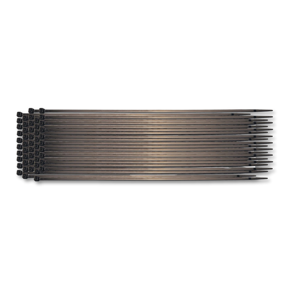 Bild eines 50-teiligen Sets von schwarzen Kabelbindern der Größe 4,5 x 350 mm, von oben fotografiert
