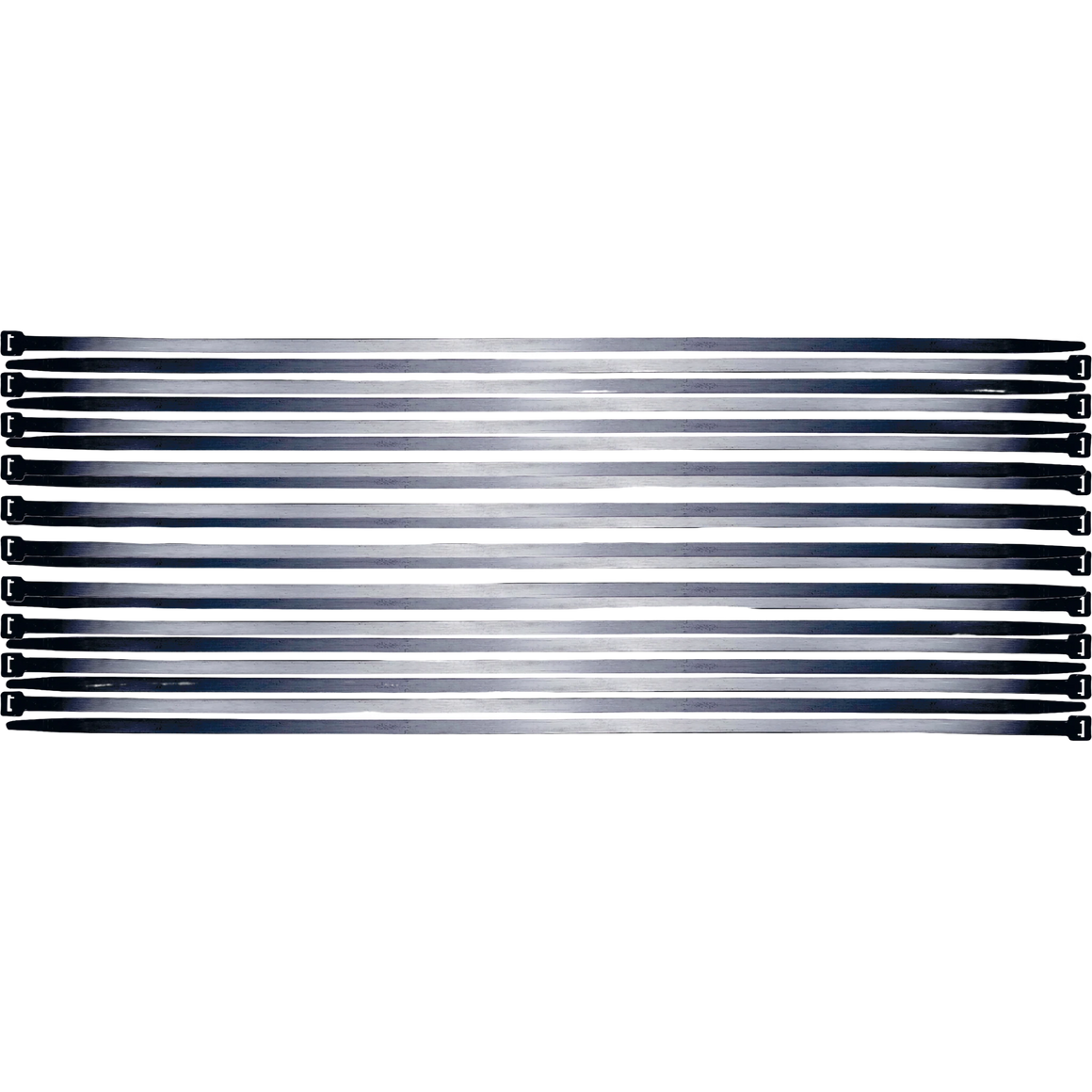 Bild eines 10-teiligen Sets von schwarzen Kabelbindern der Größe 7,6 x 500 mm, von oben fotografiert