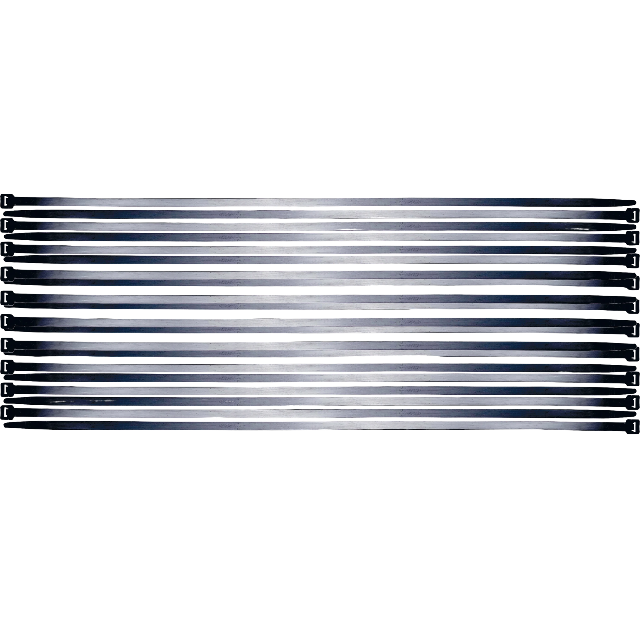Bild eines 10-teiligen Sets von schwarzen Kabelbindern der Größe 7,6 x 500 mm, von oben fotografiert
