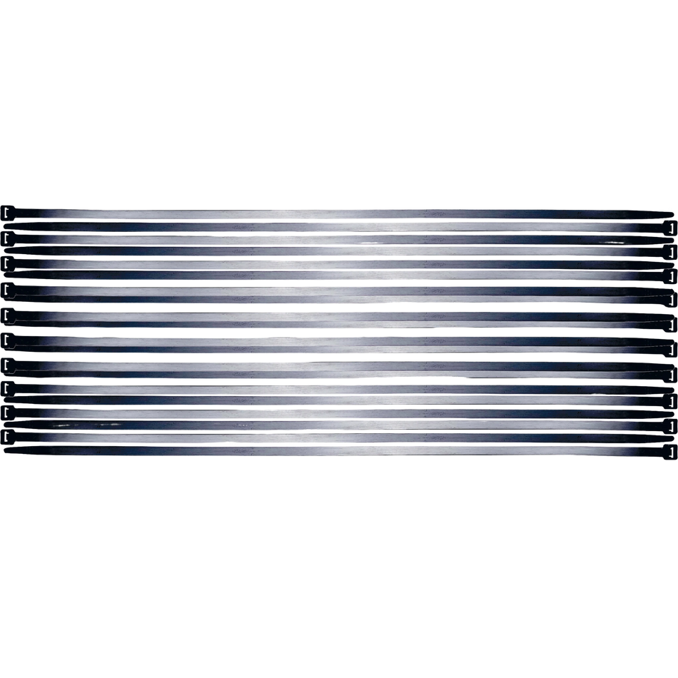 Bild eines 10-teiligen Sets von schwarzen Kabelbindern der Größe 7,6 x 500 mm, von oben fotografiert
