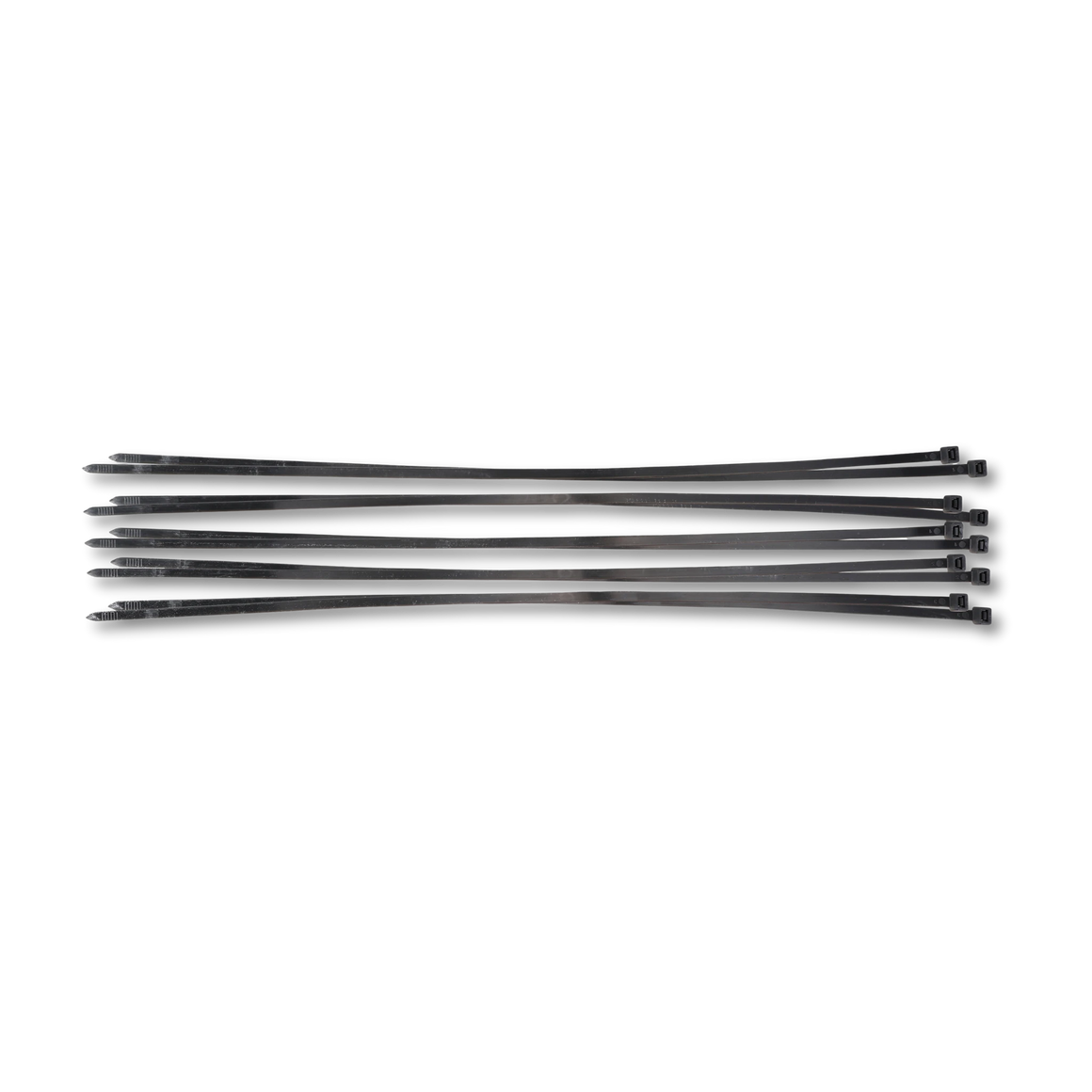 Bild eines 10-teiligen Sets von schwarzen Kabelbindern der Größe 8,0 x 700 mm, von oben fotografiert