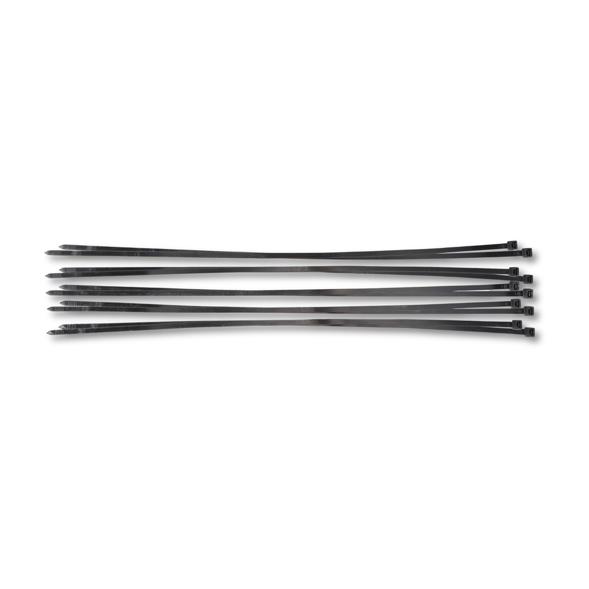 Bild eines 10-teiligen Sets von schwarzen Kabelbindern der Größe 8,0 x 700 mm, von oben fotografiert