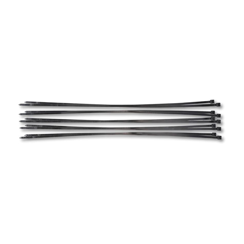 Bild eines 10-teiligen Sets von schwarzen Kabelbindern der Größe 8,0 x 700 mm, von oben fotografiert