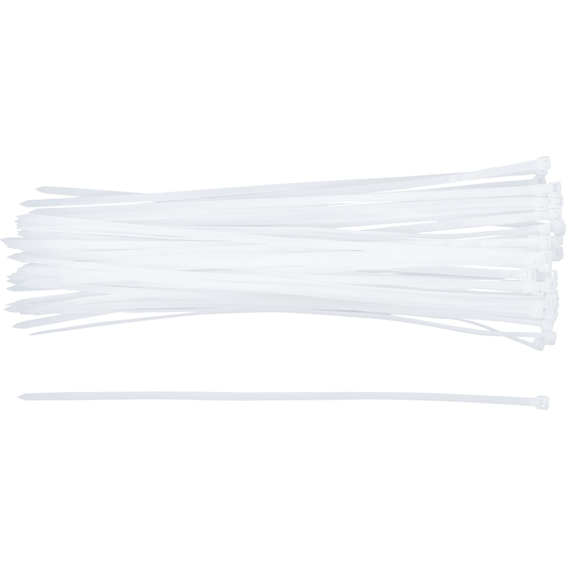 Bild eines 50-teiligen Sets von weißen Kabelbindern der Größe 4,8 x 300 mm, von oben fotografiert