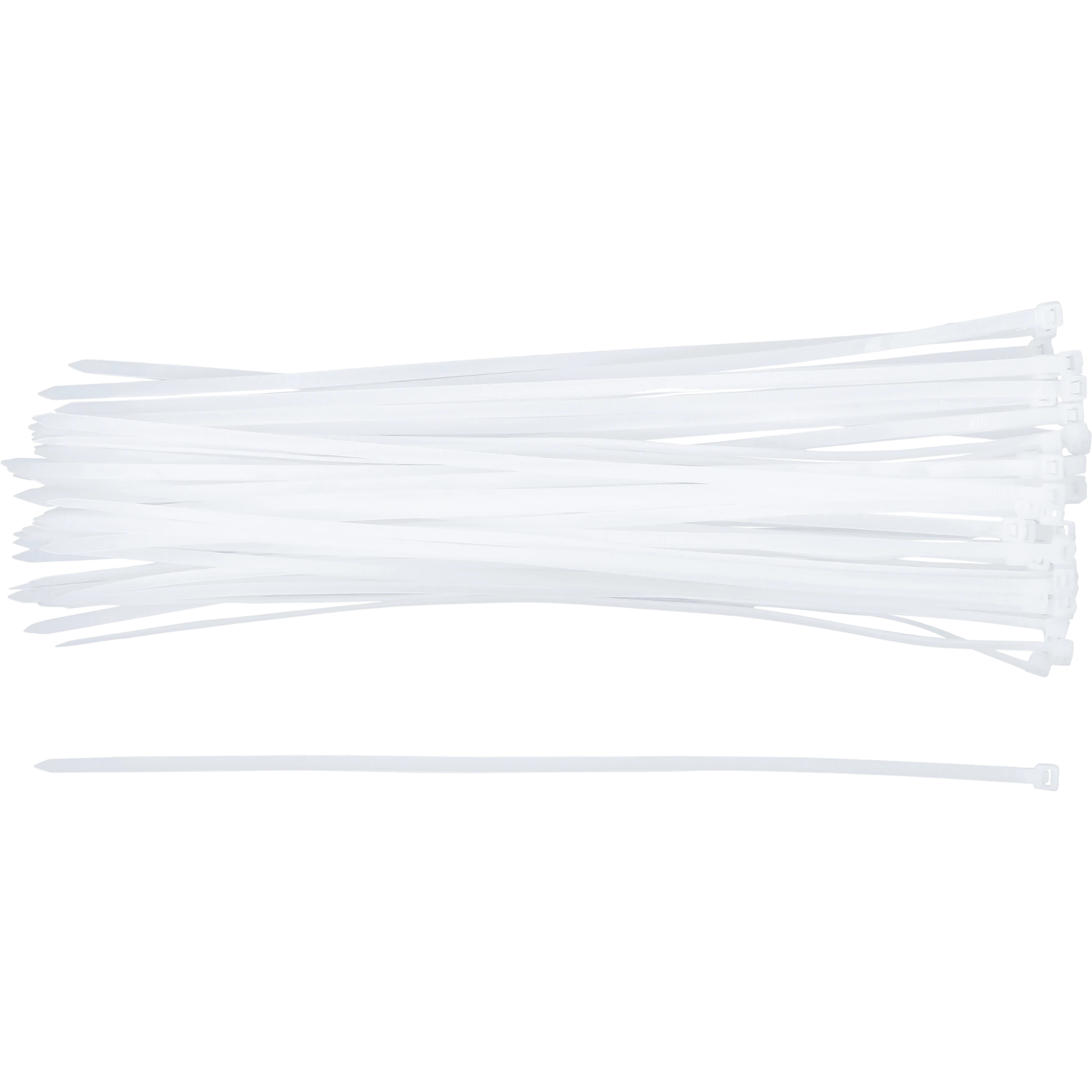 Bild eines 50-teiligen Sets von weißen Kabelbindern der Größe 4,8 x 300 mm, von oben fotografiert