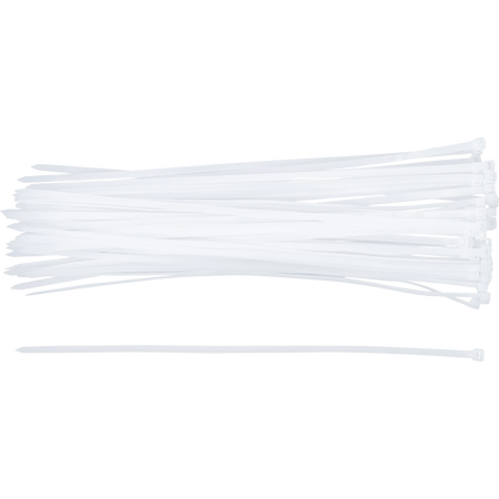 Bild eines 50-teiligen Sets von weißen Kabelbindern der Größe 4,8 x 300 mm, von oben fotografiert