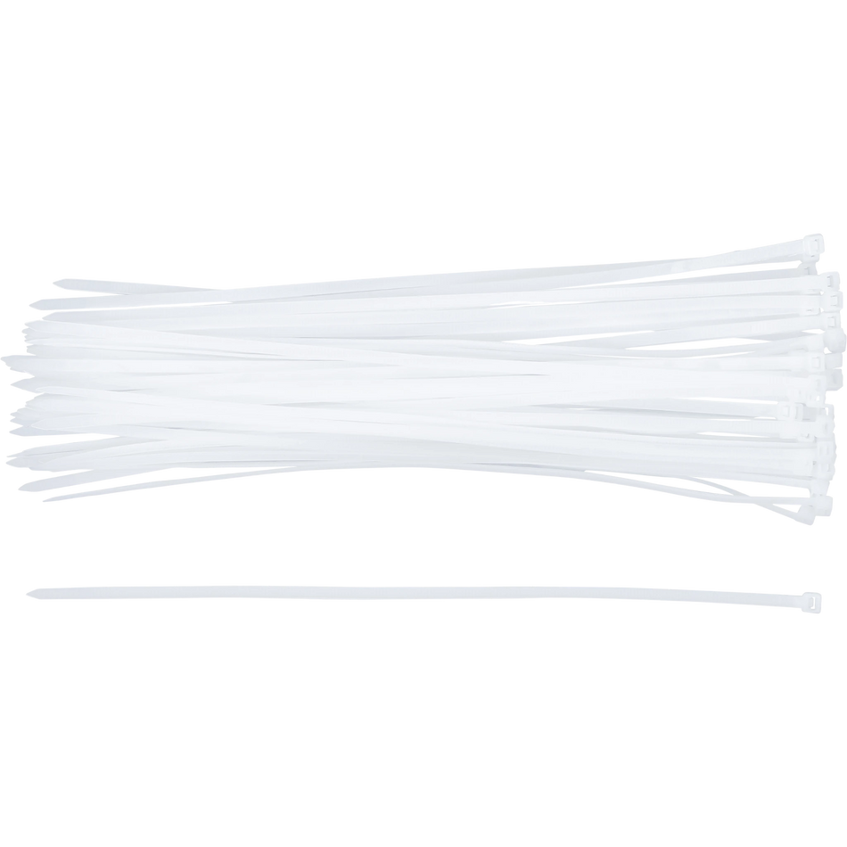 Bild eines 50-teiligen Sets von weißen Kabelbindern der Größe 4,8 x 300 mm, von oben fotografiert