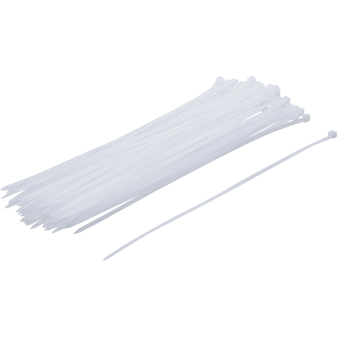Bild eines 50-teiligen Sets von weißen Kabelbindern der Größe 4,8 x 300 mm, von schräg vorne fotografiert