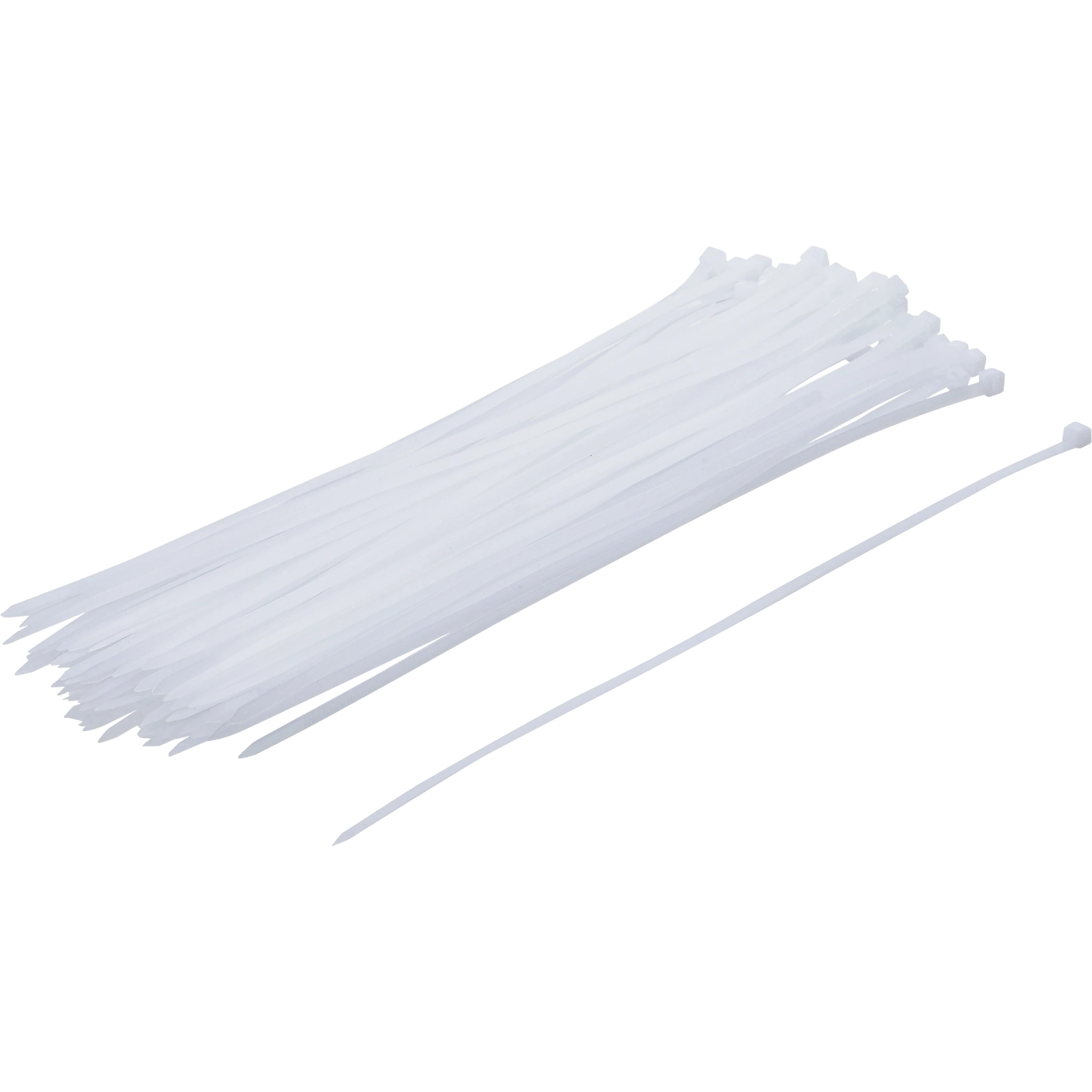 Bild eines 50-teiligen Sets von weißen Kabelbindern der Größe 4,8 x 300 mm, von schräg vorne fotografiert