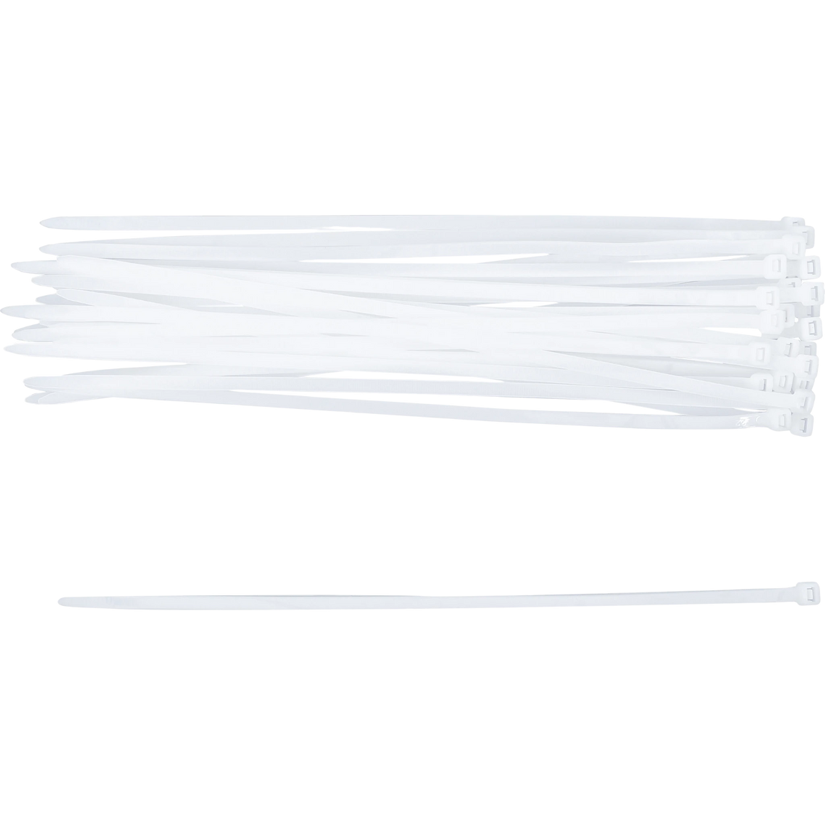 Bild eines 30-teiligen Sets von weißen Kabelbindern der Größe 8 x 400 mm, von oben fotografiert