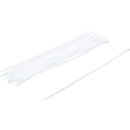 Bild eines 30-teiligen Sets von weißen Kabelbindern der Größe 8 x 400 mm, von schräg vorne fotografiert