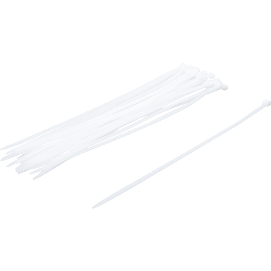 Bild eines 30-teiligen Sets von weißen Kabelbindern der Größe 8 x 400 mm, von schräg vorne fotografiert