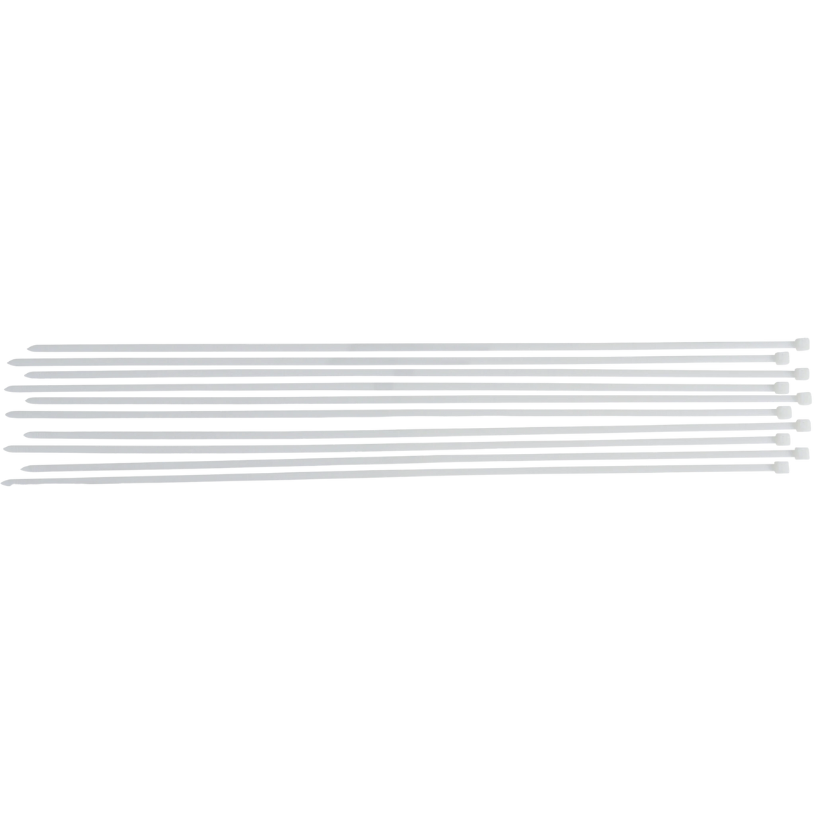 Bild eines 10-teiligen Sets von weißen Kabelbindern der Größe 8,0 x 800 mm, von oben fotografiert