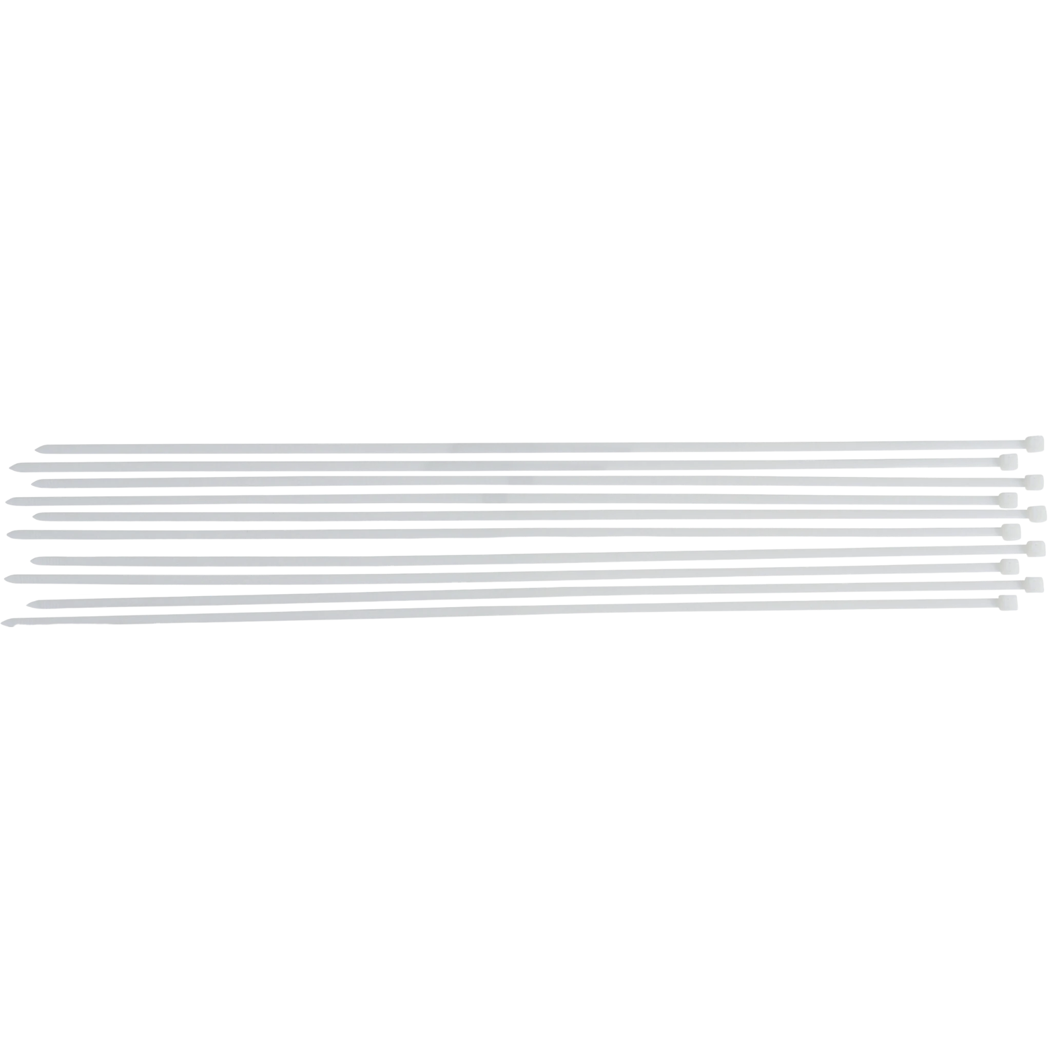 Bild eines 10-teiligen Sets von weißen Kabelbindern der Größe 8,0 x 800 mm, von oben fotografiert