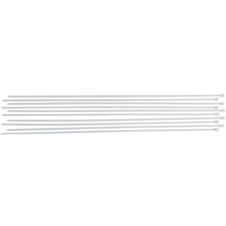 Bild eines 10-teiligen Sets von weißen Kabelbindern der Größe 8,0 x 800 mm, von oben fotografiert