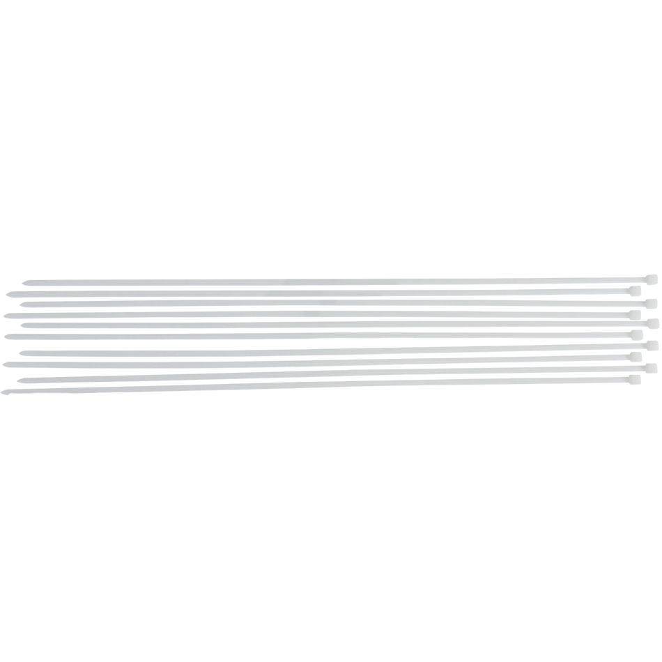 Bild eines 10-teiligen Sets von weißen Kabelbindern der Größe 8,0 x 800 mm, von oben fotografiert