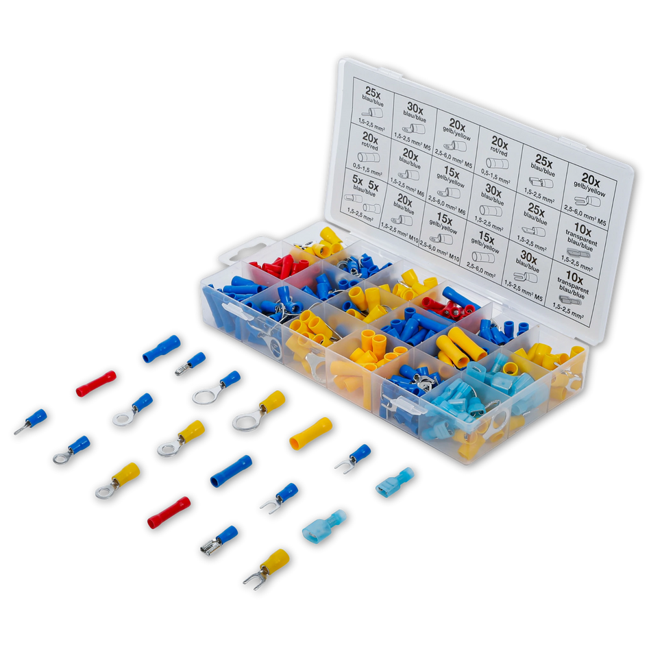 Bild einer Sortiments-Kiste mit Kabelschuhen, fotografiert von schräg vorne