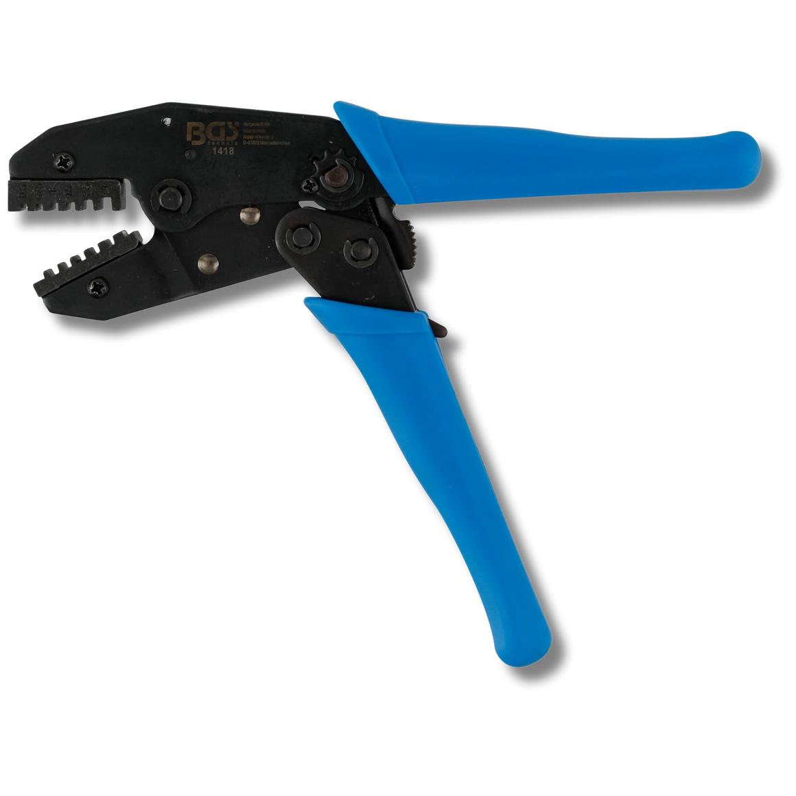 Bild einer geöffneten Crimpzange für Aderendhülsen, fotografiert von vorne