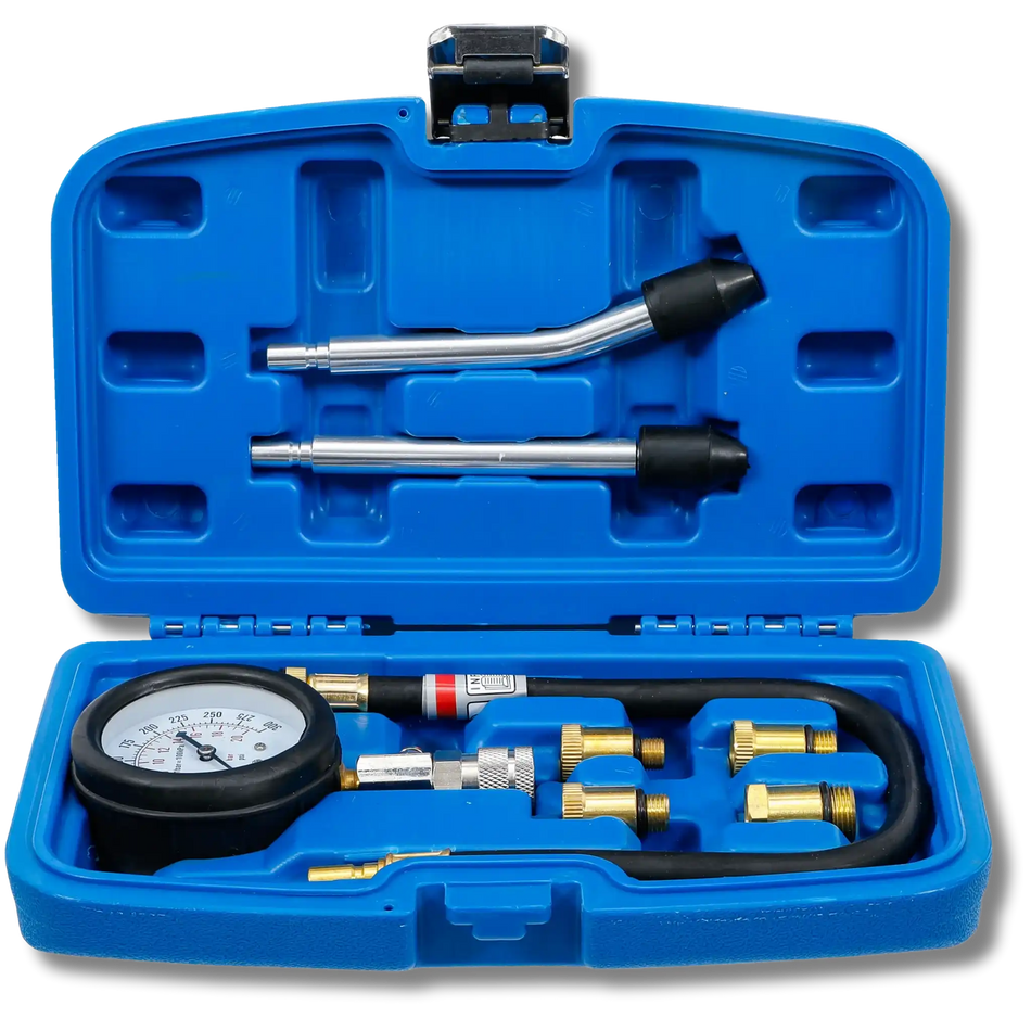 Bild eines Kompressionstester-Satzes in einem blauen Koffer. Fotografiert von vorne im offenen Zustand
