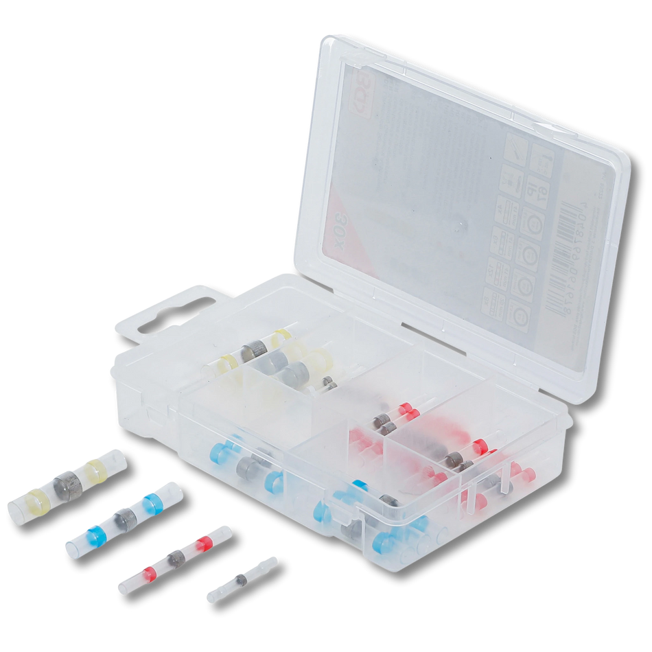 Bild einer Sortiments-Kiste mit Lötverbindern, fotografiert von schräg vorne